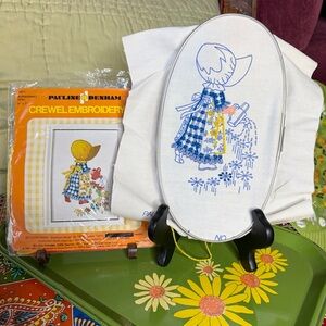 70s Crewel Bonnet Girl Kit *Unfinished*